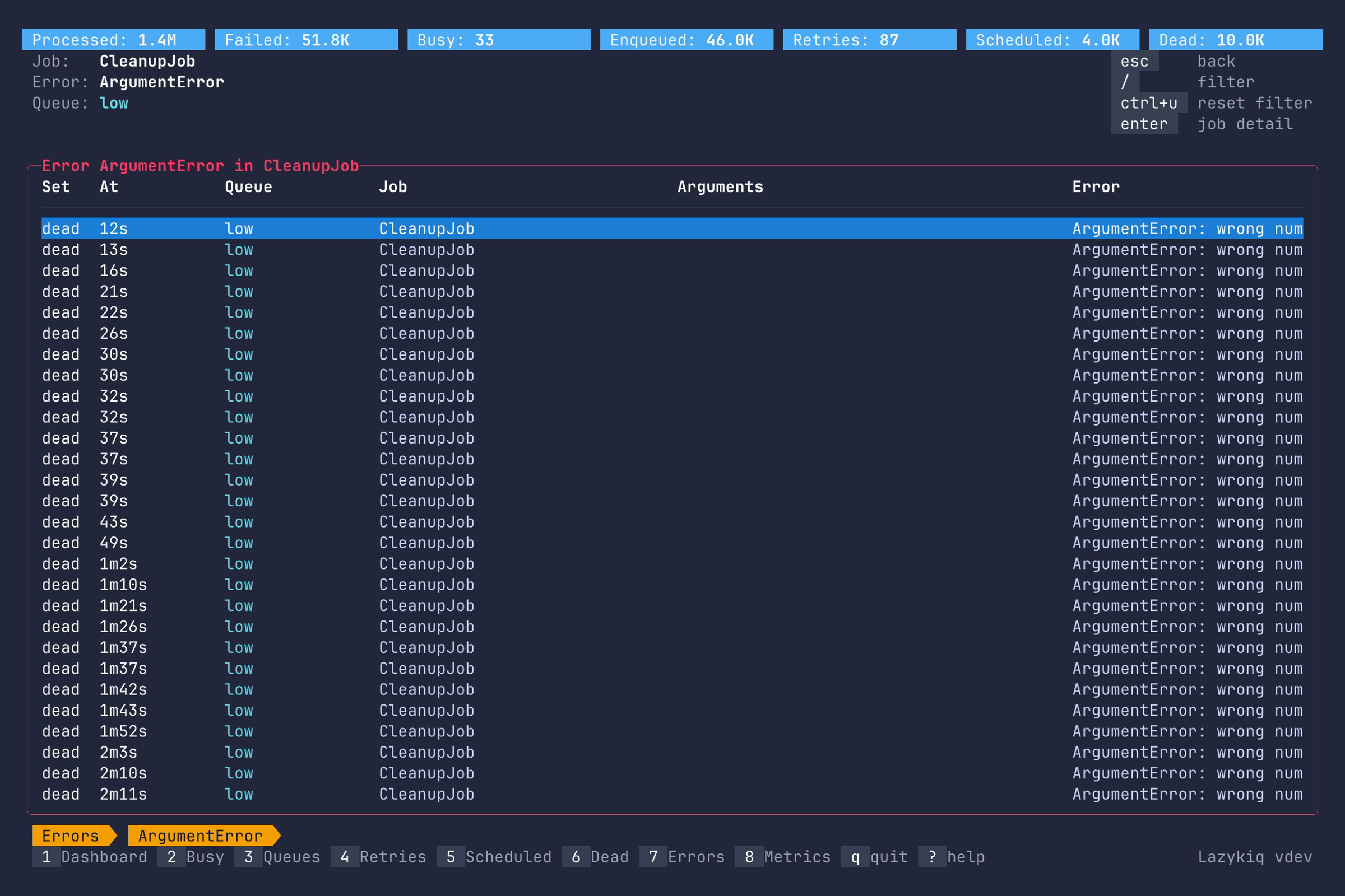 Error details screen